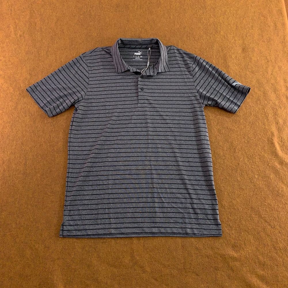 Puma Mens Small Grey Black Striped Polyester Short Sleeve Golf Polo Shirt New